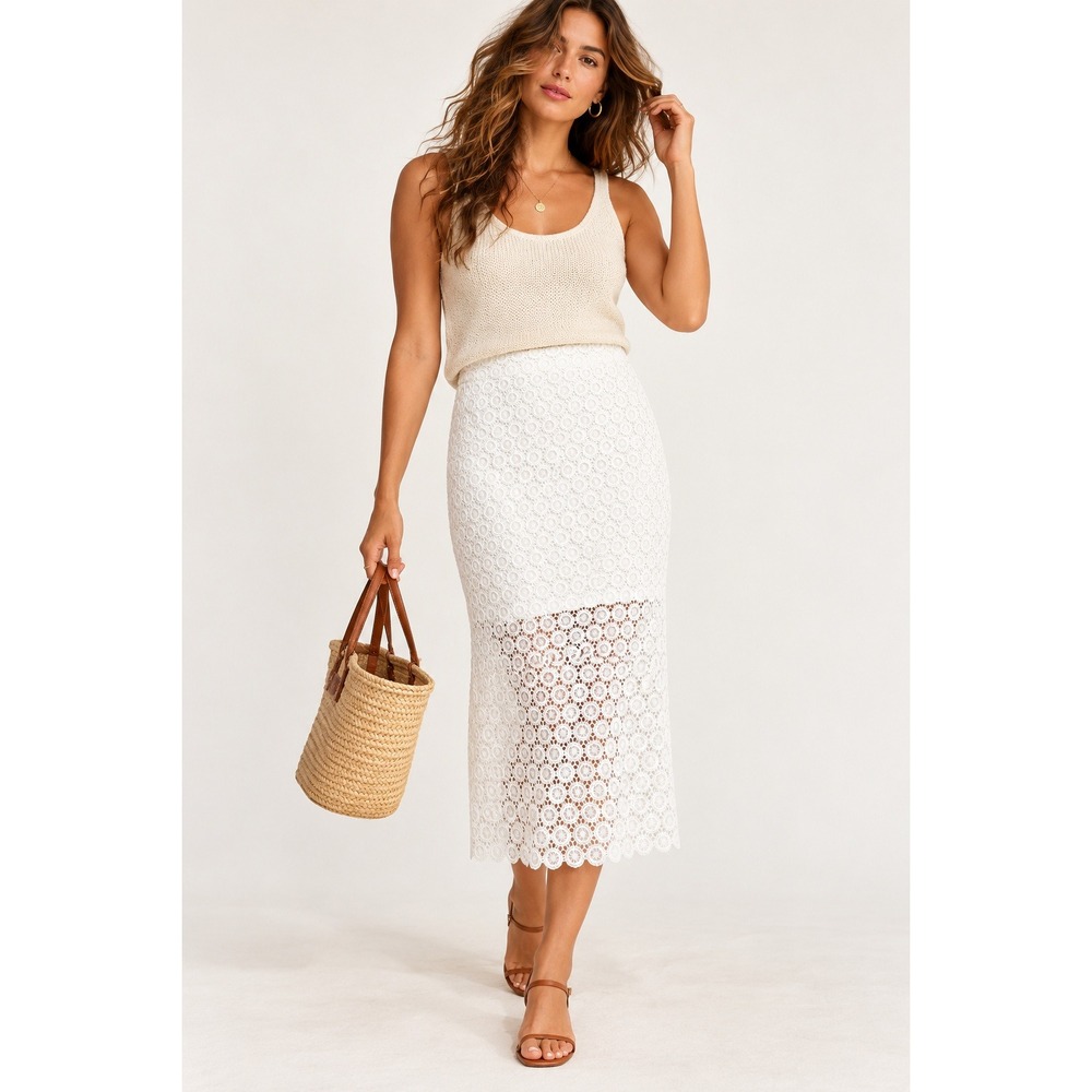 Sanctuary Poolside Skirt White Circle Lace Midi Scalloped Hem Size L NWT